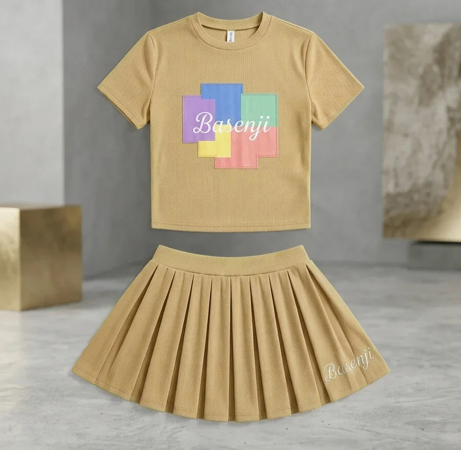 Mustard Yellow Crop Top + Pleated Skirt Set
