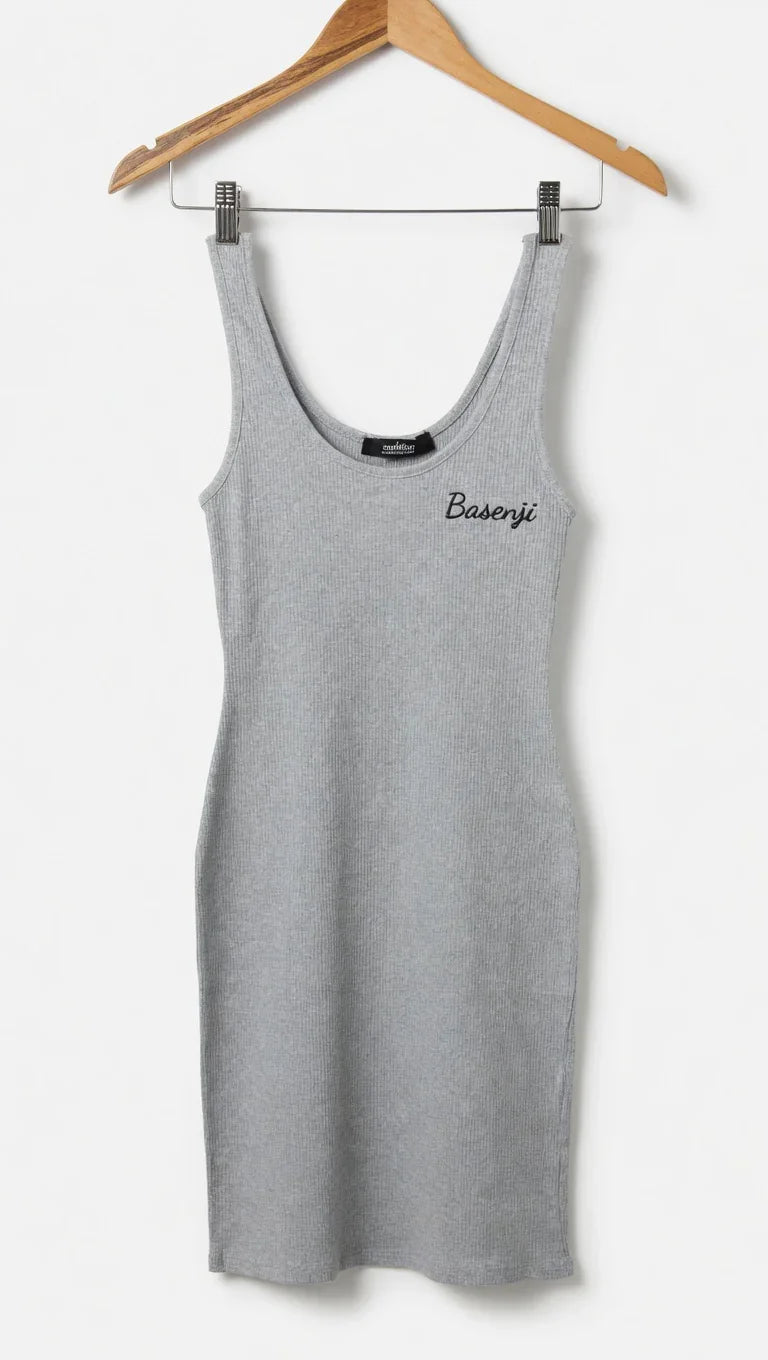 Gray Ribbed Dress W/ 'Basenji' embroidered 