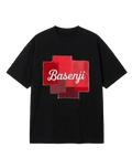 Black t-shirt with a red 'Basenji' patch 