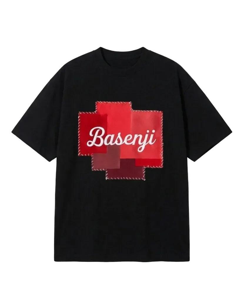 Black t-shirt with a red 'Basenji' patch 