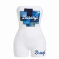 White romper with denim patchwork design and 'Basenji' branding on a white background