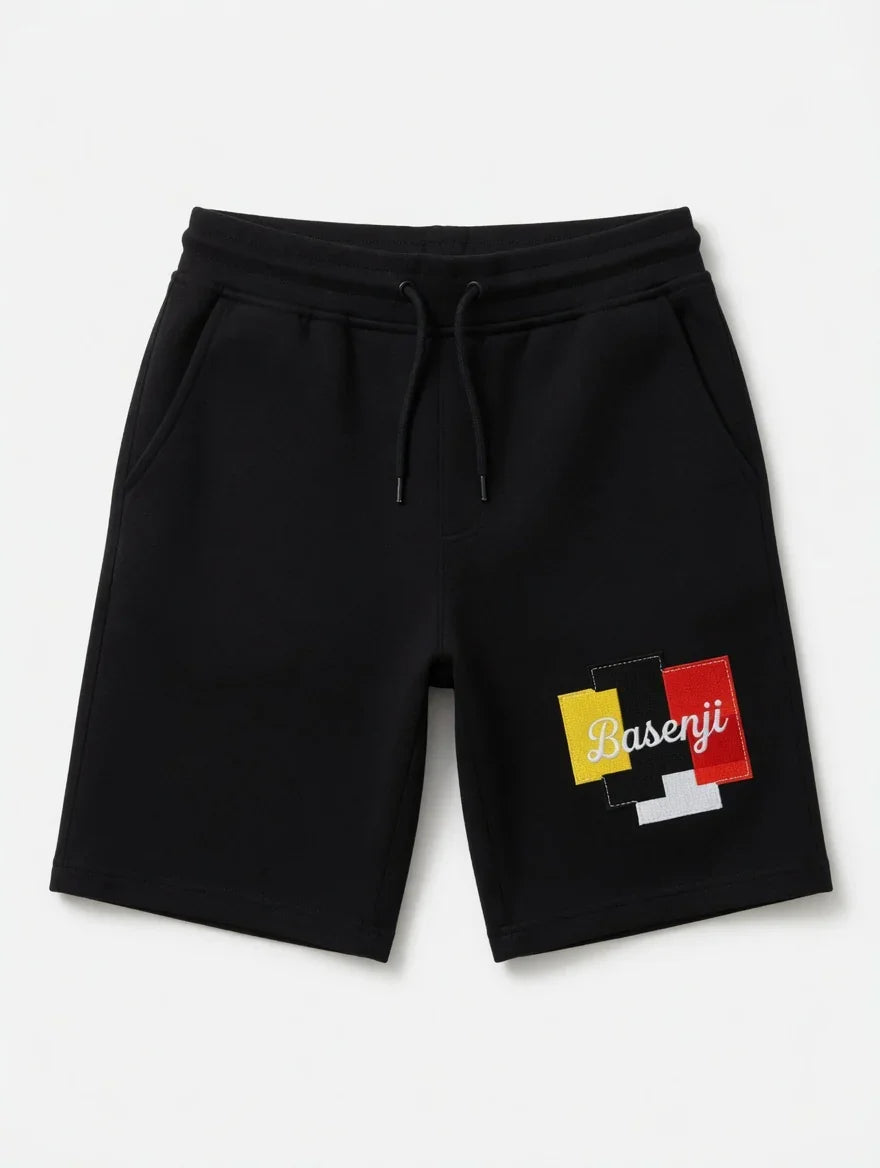 Men's Black Fleece Shorts – Multi-Color Basenji Patchwork